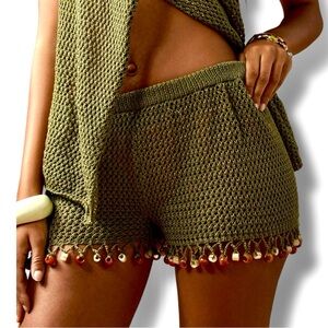 Missguided Crochet Olive Green Shorts With Beaded Fringe Hem Size XLarge